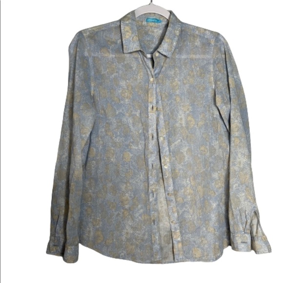 J. Mclaughlin Blue Tan Lightweight Button Down Shirt Size 4 Collared Long Sleeve - Picture 1 of 6